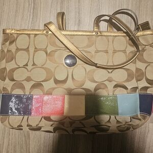 Coach Tan Tote with Multicolor Stripe